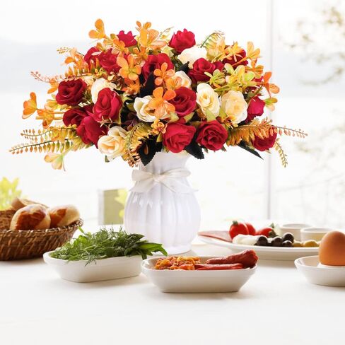 LESING Artificial Fake Flowers with Vase Silk Artificial Roses Wedding Flowers Bouquets Home Office Party Meeting Room Decoration (Red-1) in Saudi Arabia