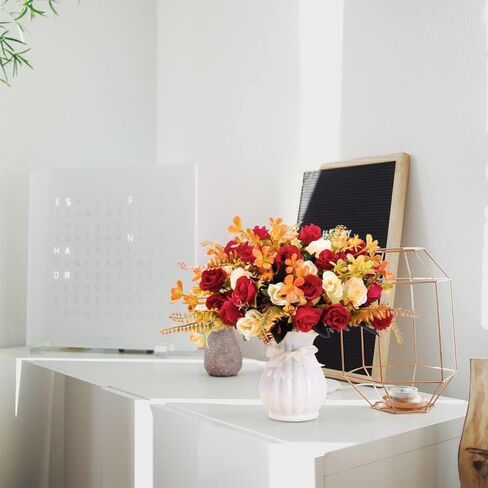 LESING Artificial Fake Flowers with Vase Silk Artificial Roses Wedding Flowers Bouquets Home Office Party Meeting Room Decoration (Red-1) in Saudi Arabia