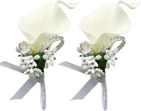 2Pcs Artificial Calla Lily Wrist Corsage Boutonniere Set, Groomsmen Bridesmaids Wedding Flowers Accessories Prom Party Decorations,Ivory White (White) in Saudi Arabia