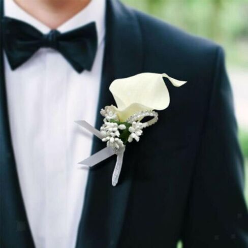 2Pcs Artificial Calla Lily Wrist Corsage Boutonniere Set, Groomsmen Bridesmaids Wedding Flowers Accessories Prom Party Decorations,Ivory White (White) in Saudi Arabia