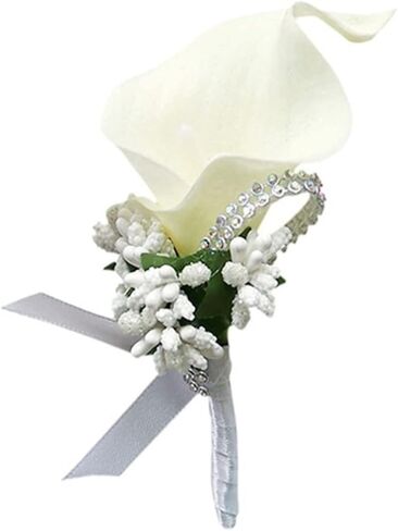 2Pcs Artificial Calla Lily Wrist Corsage Boutonniere Set, Groomsmen Bridesmaids Wedding Flowers Accessories Prom Party Decorations,Ivory White (White) in Saudi Arabia