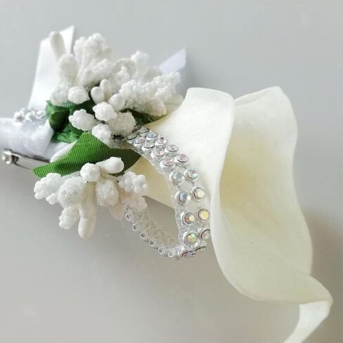 2Pcs Artificial Calla Lily Wrist Corsage Boutonniere Set, Groomsmen Bridesmaids Wedding Flowers Accessories Prom Party Decorations,Ivory White (White) in Saudi Arabia