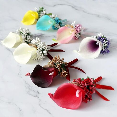 2Pcs Artificial Calla Lily Wrist Corsage Boutonniere Set, Groomsmen Bridesmaids Wedding Flowers Accessories Prom Party Decorations,Ivory White (White) in Saudi Arabia