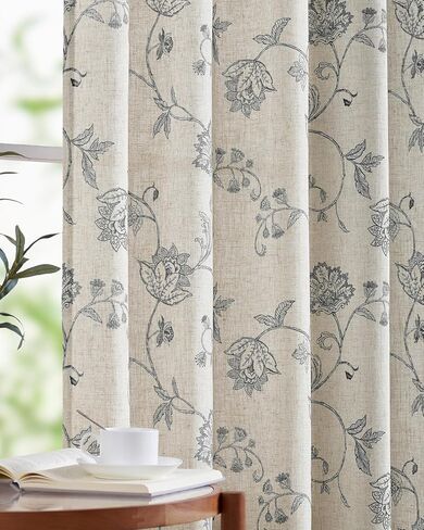jinchan Linen Curtains Floral Curtains 84 Inch Length for Living Room Bedroom Light Filtering Rod Pocket Back Tab Farmhouse Curtains Flax Linen Texture Window Drapes Set 2 Panels Black on Linen in Saudi Arabia