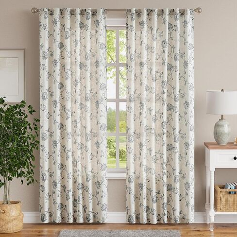 jinchan Linen Curtains Floral Curtains 84 Inch Length for Living Room Bedroom Light Filtering Rod Pocket Back Tab Farmhouse Curtains Flax Linen Texture Window Drapes Set 2 Panels Black on Linen in Saudi Arabia