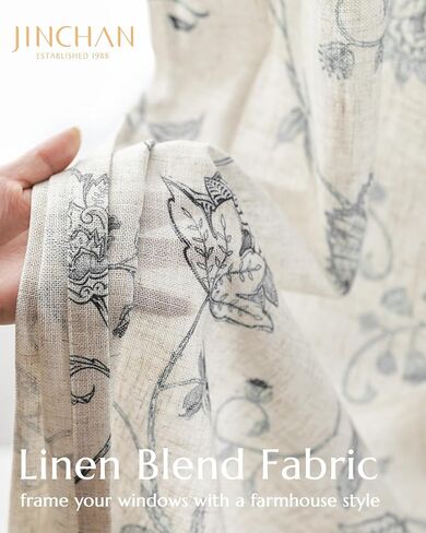 jinchan Linen Curtains Floral Curtains 84 Inch Length for Living Room Bedroom Light Filtering Rod Pocket Back Tab Farmhouse Curtains Flax Linen Texture Window Drapes Set 2 Panels Black on Linen in Saudi Arabia
