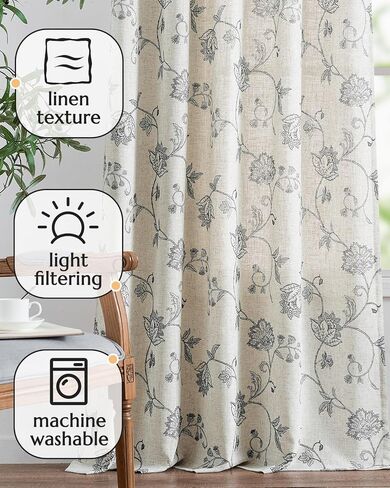 jinchan Linen Curtains Floral Curtains 84 Inch Length for Living Room Bedroom Light Filtering Rod Pocket Back Tab Farmhouse Curtains Flax Linen Texture Window Drapes Set 2 Panels Black on Linen in Saudi Arabia