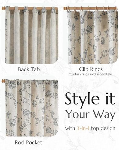 jinchan Linen Curtains Floral Curtains 84 Inch Length for Living Room Bedroom Light Filtering Rod Pocket Back Tab Farmhouse Curtains Flax Linen Texture Window Drapes Set 2 Panels Black on Linen in Saudi Arabia