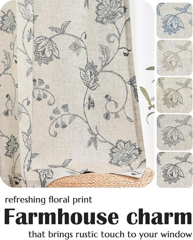 jinchan Linen Curtains Floral Curtains 84 Inch Length for Living Room Bedroom Light Filtering Rod Pocket Back Tab Farmhouse Curtains Flax Linen Texture Window Drapes Set 2 Panels Black on Linen in Saudi Arabia