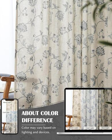 jinchan Linen Curtains Floral Curtains 84 Inch Length for Living Room Bedroom Light Filtering Rod Pocket Back Tab Farmhouse Curtains Flax Linen Texture Window Drapes Set 2 Panels Black on Linen in Saudi Arabia