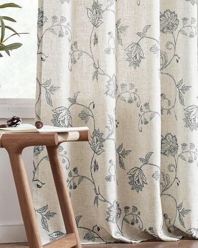 jinchan Linen Curtains Floral Curtains 84 Inch Length for Living Room Bedroom Light Filtering Rod Pocket Back Tab Farmhouse Curtains Flax Linen Texture Window Drapes Set 2 Panels Black on Linen in Saudi Arabia