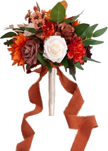 Ansofi 11" Burnt Orange Wedding Bouquets for Bride Rustic Boho Cascading Bridal Bouquet Flowers for Fall Vintage Wedding Party Ceremony Decor in Kuwait