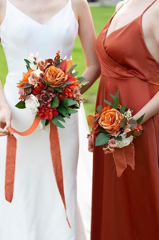 Ansofi 11" Burnt Orange Wedding Bouquets for Bride Rustic Boho Cascading Bridal Bouquet Flowers for Fall Vintage Wedding Party Ceremony Decor in Kuwait