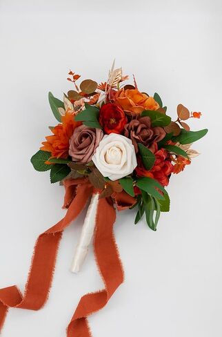 Ansofi 11" Burnt Orange Wedding Bouquets for Bride Rustic Boho Cascading Bridal Bouquet Flowers for Fall Vintage Wedding Party Ceremony Decor in Kuwait