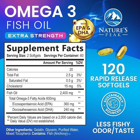 Triple Strength Omega 3 Fish Oil 2400 mg Softgels, Nature's Fish Oil Supplements, Brain & Heart Health Support - EPA & DHA, 1200 MG Fish Oil in Each Softgel, Omega-3 Supplement - 60 Fish Oil Softgels in Saudi Arabia