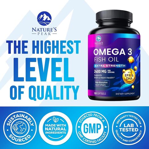 Triple Strength Omega 3 Fish Oil 2400 mg Softgels, Nature's Fish Oil Supplements, Brain & Heart Health Support - EPA & DHA, 1200 MG Fish Oil in Each Softgel, Omega-3 Supplement - 60 Fish Oil Softgels in Saudi Arabia
