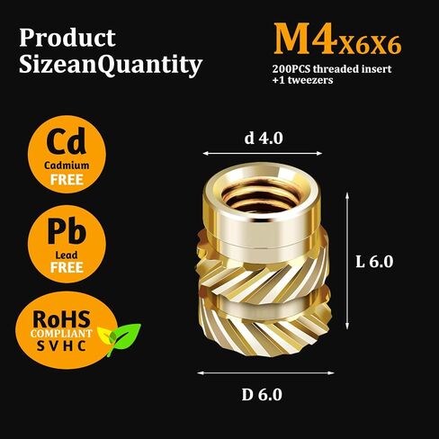 200 Pcs M4 Threaded Inserts M4 Heat Set Insert Brass Threaded Inserts for Plastic Metric Knurled Nuts Assortment Kit for 3D Printing Components（M4*6 * 6） in Saudi Arabia