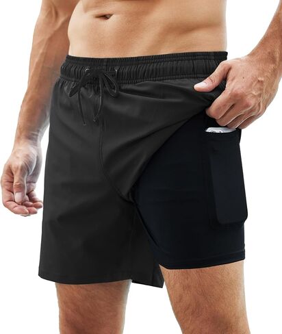 Mens Swim Trunks with Compression Liner Swim Shorts Quick Dry 2 in 1 Bathing Suits with Zipper Pockets in Saudi Arabia