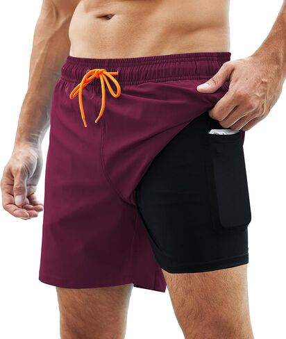 Mens Swim Trunks with Compression Liner Swim Shorts Quick Dry 2 in 1 Bathing Suits with Zipper Pockets in Saudi Arabia