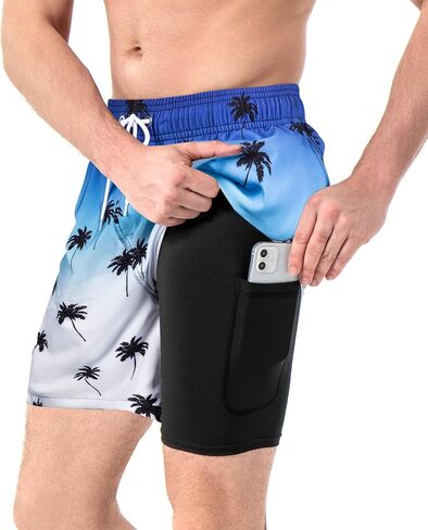 Mens Swim Trunks with Compression Liner Swim Shorts Quick Dry 2 in 1 Bathing Suits with Zipper Pockets in Saudi Arabia