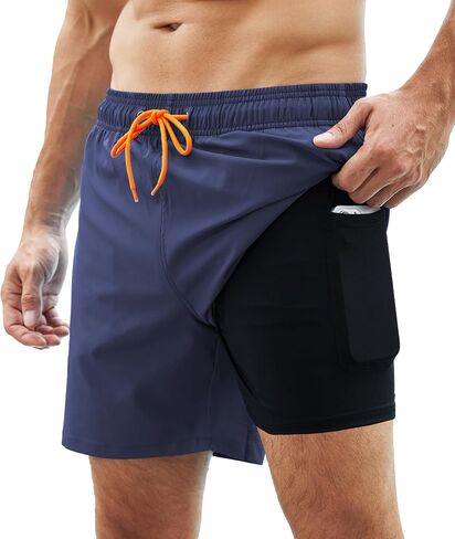 Mens Swim Trunks with Compression Liner Swim Shorts Quick Dry 2 in 1 Bathing Suits with Zipper Pockets in Saudi Arabia