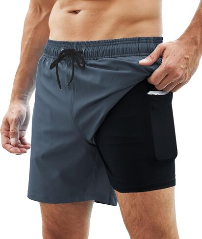 سروال سباحة رجالي مع بطانة ضغط شورت سباحة سريع الجفاف 2 في 1 لباس سباحة مع جيوب بسحاب in Kuwait