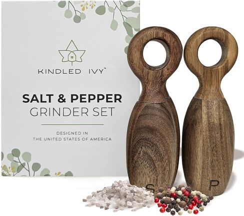 Wooden Pepper Grinder & Salt Grinder Shaker Mill Set - Beautiful Natural Wood, Adjustable Ceramic & Non-Eroding Grinders, Ring Top Shape 8x2.5", Refillable, Gift Box (Acacia Wood) in Saudi Arabia