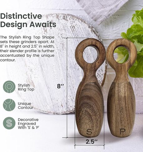 Wooden Pepper Grinder & Salt Grinder Shaker Mill Set - Beautiful Natural Wood, Adjustable Ceramic & Non-Eroding Grinders, Ring Top Shape 8x2.5", Refillable, Gift Box (Acacia Wood) in Saudi Arabia