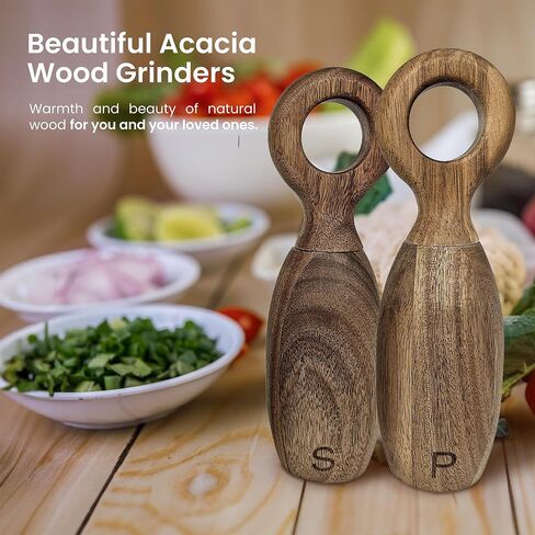 Wooden Pepper Grinder & Salt Grinder Shaker Mill Set - Beautiful Natural Wood, Adjustable Ceramic & Non-Eroding Grinders, Ring Top Shape 8x2.5", Refillable, Gift Box (Acacia Wood) in Saudi Arabia