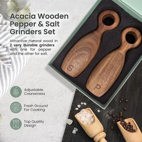 Wooden Pepper Grinder & Salt Grinder Shaker Mill Set - Beautiful Natural Wood, Adjustable Ceramic & Non-Eroding Grinders, Ring Top Shape 8x2.5", Refillable, Gift Box (Acacia Wood) in Saudi Arabia