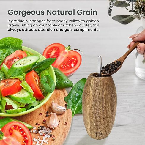 Wooden Pepper Grinder & Salt Grinder Shaker Mill Set - Beautiful Natural Wood, Adjustable Ceramic & Non-Eroding Grinders, Ring Top Shape 8x2.5", Refillable, Gift Box (Acacia Wood) in Saudi Arabia