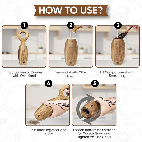 Wooden Pepper Grinder & Salt Grinder Shaker Mill Set - Beautiful Natural Wood, Adjustable Ceramic & Non-Eroding Grinders, Ring Top Shape 8x2.5", Refillable, Gift Box (Acacia Wood) in Saudi Arabia