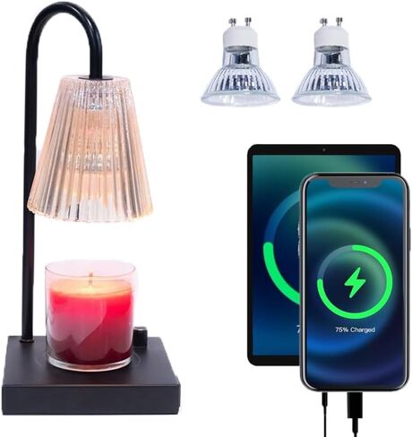 Candle Warmer Lamp, Candle Lamp Warmer with USB & USB-C Charging Ports, Candle Warmer with Adjustable Brightness Knob, Dimmable Candle Lamp Black, Flameless Wax Warmer, Aesthetic Home Decor in Saudi Arabia