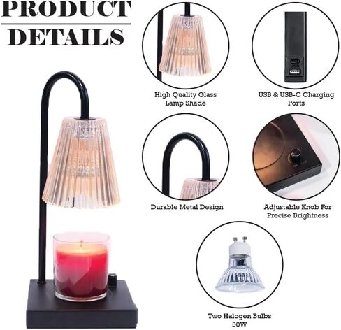 Candle Warmer Lamp, Candle Lamp Warmer with USB & USB-C Charging Ports, Candle Warmer with Adjustable Brightness Knob, Dimmable Candle Lamp Black, Flameless Wax Warmer, Aesthetic Home Decor in Saudi Arabia
