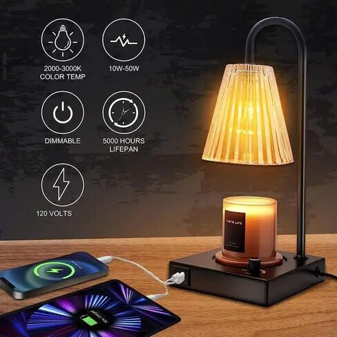 Candle Warmer Lamp, Candle Lamp Warmer with USB & USB-C Charging Ports, Candle Warmer with Adjustable Brightness Knob, Dimmable Candle Lamp Black, Flameless Wax Warmer, Aesthetic Home Decor in Saudi Arabia