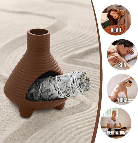 Palo Santo Holder Burner Handmade Ceramics Incense Burner Chimenea Incense Dish Sage Holder Smudge Bowl for Palo Santo and Sticks with Brush(Brown) (Rounded) in Saudi Arabia