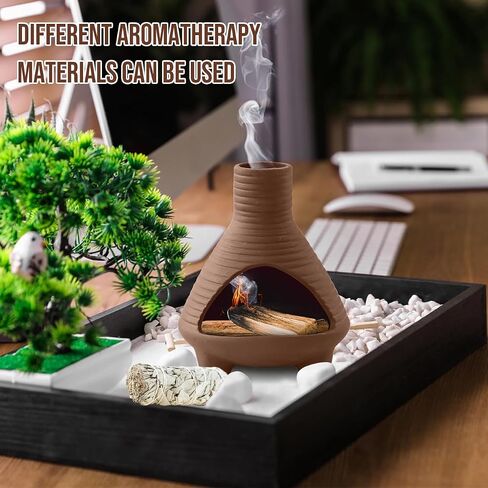 Palo Santo Holder Burner Handmade Ceramics Incense Burner Chimenea Incense Dish Sage Holder Smudge Bowl for Palo Santo and Sticks with Brush(Brown) (Rounded) in Saudi Arabia
