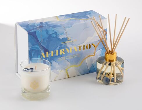 Luxury Glass Jar Candle, 14.5 OZ, Affirmation - Blue Quartz, Sodalite, Clear Quartz Crystal Infused - Scents of Eucalyptus, Tobacco, Sequoia, & Musk - Empowerment, Confidence, Optimism in Saudi Arabia