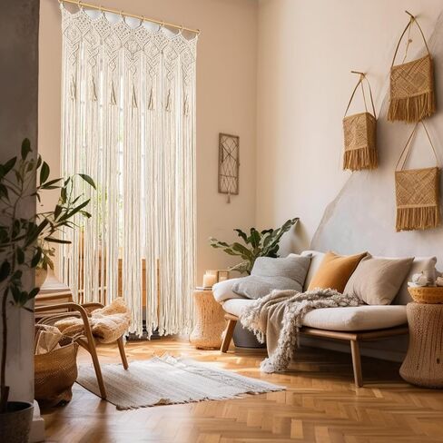 Boho Macrame Curtain Handmade String Curtain with Tassel Large Macrame Wall Hanging Boho Room Divider Art Decor for Living Room Bedroom Bohemian Wedding Party Decor, 2 Panels 79" L x 35" W in Saudi Arabia