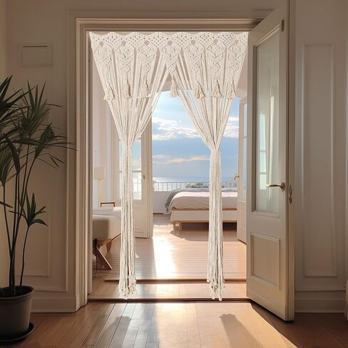 Boho Macrame Curtain Handmade String Curtain with Tassel Large Macrame Wall Hanging Boho Room Divider Art Decor for Living Room Bedroom Bohemian Wedding Party Decor, 2 Panels 79" L x 35" W in Saudi Arabia