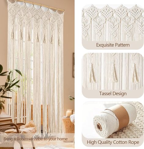 Boho Macrame Curtain Handmade String Curtain with Tassel Large Macrame Wall Hanging Boho Room Divider Art Decor for Living Room Bedroom Bohemian Wedding Party Decor, 2 Panels 79" L x 35" W in Saudi Arabia