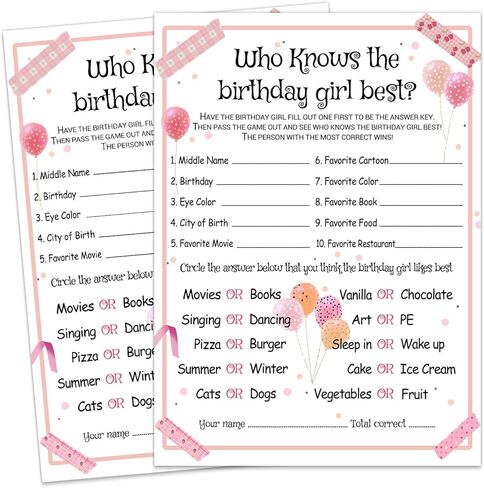 20 قطعة من بطاقات الألعاب الأفضل من Who Knows The Birth Girl - مجموعة بطاقات ألعاب أنشطة حفلات أعياد الميلاد والأنشطة والأفكار ذات الطابع البناتي - للأطفال أو المراهقين - مستلزمات أعياد ميلاد البنات والأنشطة والديكورات in Saudi Arabia