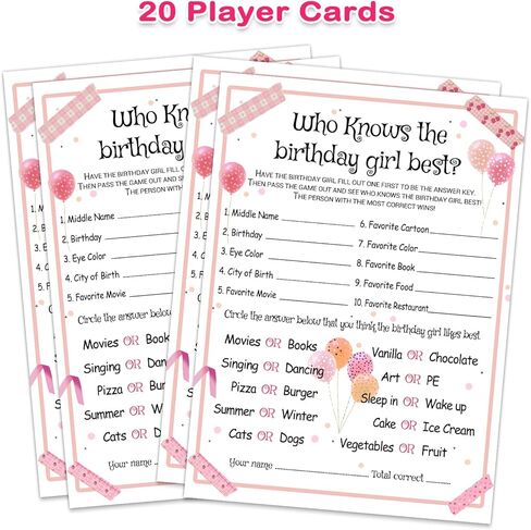 20 قطعة من بطاقات الألعاب الأفضل من Who Knows The Birth Girl - مجموعة بطاقات ألعاب أنشطة حفلات أعياد الميلاد والأنشطة والأفكار ذات الطابع البناتي - للأطفال أو المراهقين - مستلزمات أعياد ميلاد البنات والأنشطة والديكورات in Saudi Arabia