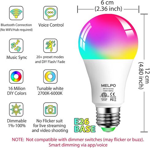 MELPO Smart Light Bulbs, 1300LM Color Changing Light Bulb, 16 Million Colors, Tunable White Alexa Light bulbs, Music Sync, DIY Flash, Timing, A19 E26 Smart Bulbs, 130W Equivalent, No WiFi required. in Kuwait