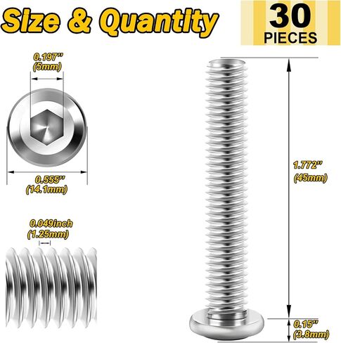 30Pcs M5 x 40mm M5 Bolts Flat Head Hex Socket Cap Screws Bolts, 304 Stainless Steel Furniture Screws Full Thread, Bright Finish & Hex Spanner by Mywish in Kuwait