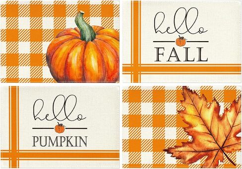 Artoid Mode Hello Fall Pumpkin Maple Leaves Placemats for Dining Table, 12 x 18 Inch Orange Buffalo Plaid Harvest Table Mats Set of 4 for Party Dining Decoration in Saudi Arabia