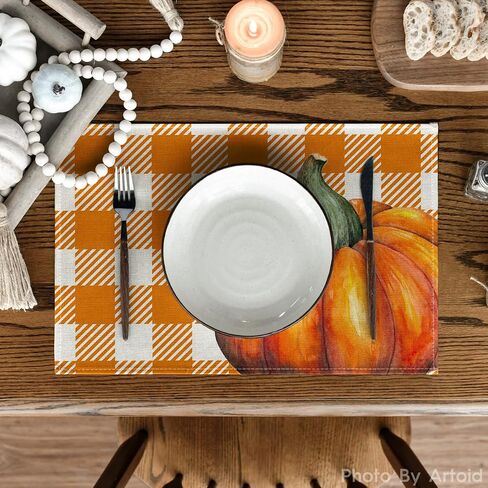 Artoid Mode Hello Fall Pumpkin Maple Leaves Placemats for Dining Table, 12 x 18 Inch Orange Buffalo Plaid Harvest Table Mats Set of 4 for Party Dining Decoration in Saudi Arabia