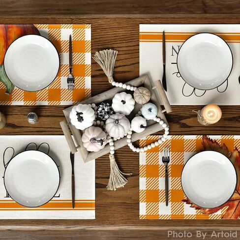 Artoid Mode Hello Fall Pumpkin Maple Leaves Placemats for Dining Table, 12 x 18 Inch Orange Buffalo Plaid Harvest Table Mats Set of 4 for Party Dining Decoration in Saudi Arabia