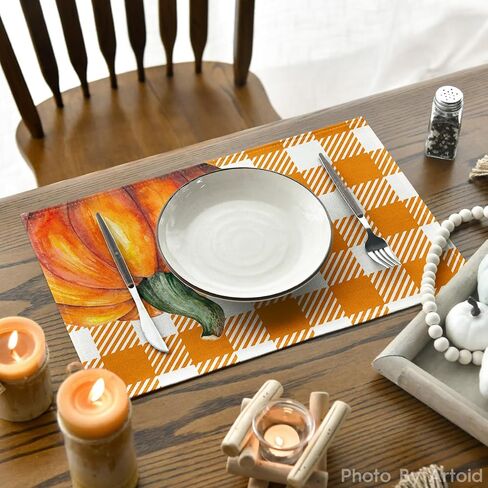 Artoid Mode Hello Fall Pumpkin Maple Leaves Placemats for Dining Table, 12 x 18 Inch Orange Buffalo Plaid Harvest Table Mats Set of 4 for Party Dining Decoration in Saudi Arabia