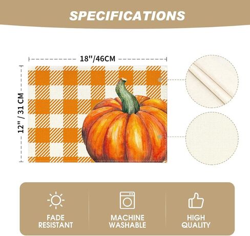 Artoid Mode Hello Fall Pumpkin Maple Leaves Placemats for Dining Table, 12 x 18 Inch Orange Buffalo Plaid Harvest Table Mats Set of 4 for Party Dining Decoration in Saudi Arabia
